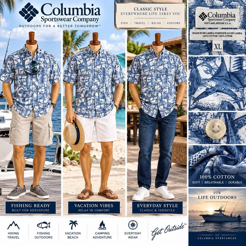 Columbia  Men's XL Blue White Short Sleeve Button-Up Fishing Shirt Cotton
